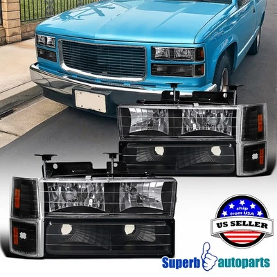 Fits 1994-1998 GMC C10 Head Lights+Corner Lamps+Front Bumper Lights Black - Imagem 1 de 4