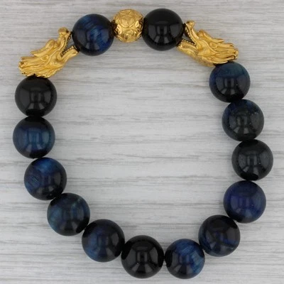 Pulsera de cuentas elásticas de dragón dorado ojo de tigre azul ónix obsidiana 6,75" Foto 1 de 4