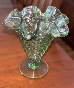 Fenton Colonial Green Glass Hobnail Small Fluted Cone Trumpet Vase 4" Tall - Picture 1 of 4