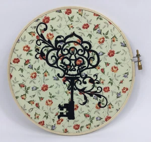 Embroidered Folk Art Wall Hanging on Vintage Patterned Cloth Skull Key Design - Picture 1 of 5