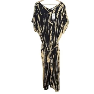 J. Jill Pure Jill Tie Dye Belted Kaftan Size 2X Black Beige V Neck Midi Dress - Picture 1 of 14