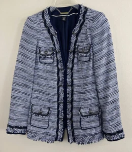 WHBM white house black market Blue Tweed Fray Chain Blazer Knit Jacket S Pet 6p - Picture 1 of 8