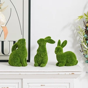 Resin Flocked Bunny Figurines Set of 3, Artificial Green Moss Bunnies for Easter - Picture 1 of 12