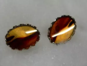 VINTAGE TIGER EYE OVAL CUFF LINK SET CUFFLINKS GOLD TRIM TIGER'S EYE H96-18 - Picture 1 of 5
