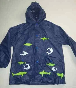 Lilly Of New York Boy’s Shark Rubber Rain Coat Jacket Button up Navy Size 6 B001 - Picture 1 of 6