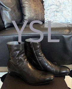 YSL Yves Saint Laurent  Side Zip Ankle Boots Black Leather Tom Ford Mens 44 US11 - Picture 1 of 24