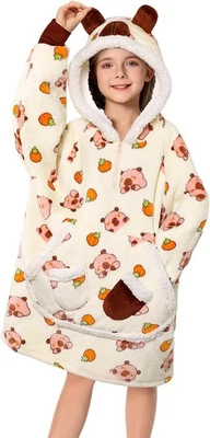 OLAOLA Wearable Blanket Hoodie for Kids, Oversized Fleece Sherpa Capybara