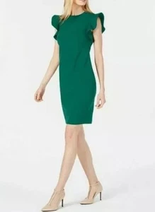 Calvin Klein Womens Size 14 NWT Flutter Sleeve Sheath Dress Green FREE SHIP - Picture 1 of 7