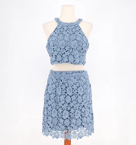 LULUS $82 Loveliest Romance Blue Crochet Lace Halter Two-Piece Mini Dress Size M - Picture 1 of 8