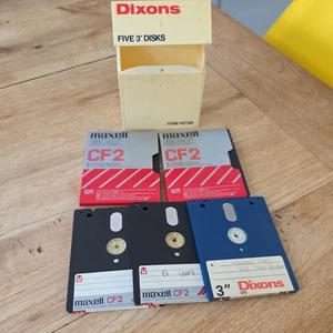 4x used Maxell CF2 Double Sided Compact Floppy Disks 1x Dixons and Case - Afbeelding 1 van 1