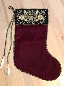 Burgundy Red Velvet Christmas Stocking Jeweled GOLD BEAD Tassel Black Trim Fancy - Picture 1 of 7