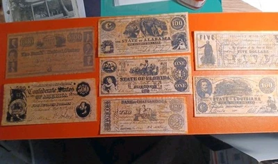 Antiqued ReproductionOf Confederate Currency:$500.$100(2).$5.$2.$1.(made In1995) - Image 1 of 4