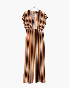 Madewell V Neck Button Front Jumpsuit in Rainbow Orange Cream Stripe Size 12 - Picture 1 of 10