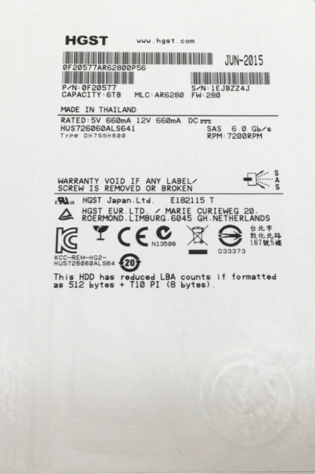 WD HGST 6TB SAS 6Gb/s 7.2K RPM 3.5" HDD HUS726060ALS641 f20577 - Image 1 of 1