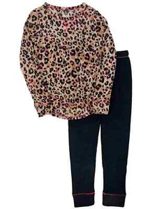 Girls Brown Leopard Print Long Johns Fleece Underwear Base Layer Set - Picture 1 of 1