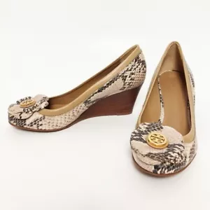 Tory Burch Snakeskin Leather Mid Wedge Heels Women’s 5 Flower Gold Logo - Picture 1 of 12