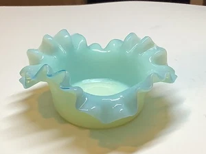 Antique Blue Cased Glass Ruffled Rim Hand Blown Victorian Salt Cellar UV Pos - Picture 1 of 8
