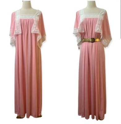 Maxi Vestido Sin Mangas Glam Años 70 Rosa Bohemio, Borde Encaje Blanco, Mediano Foto 1 de 4