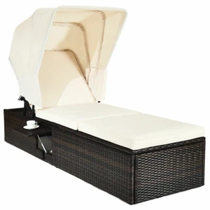 Patio Rattan Chaise Lounge Chair Wicker Recliner Daybed Cushion Canopy Tea Table - Picture 1 of 5