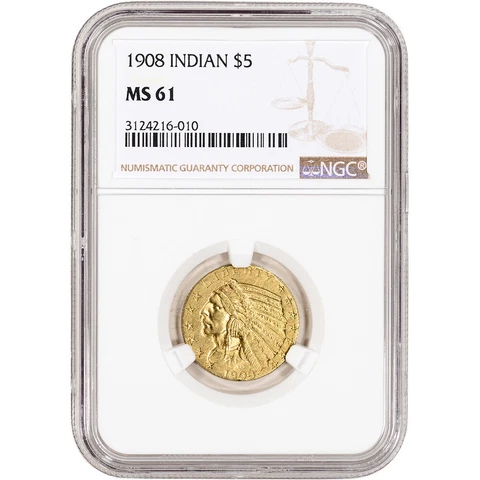 US Gold $5 Indian Head Half Eagle - NGC MS61 - Random Date Cover