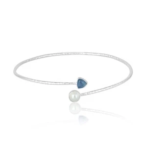 Dual Birthstone Bracelet Silver Simple Regular Wear Cuff With Pearl And Kyanite - Picture 1 of 6