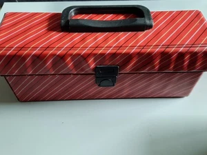 VINTAGE RED STRIPED CASSETTE TAPE STORAGE BOX HOLDS 14 TAPES - Picture 1 of 2