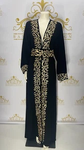 Abaya Dress Arabic Calligraphy Golden Embroidery Tatreez Maxi Long Sleeve Black - Picture 1 of 27