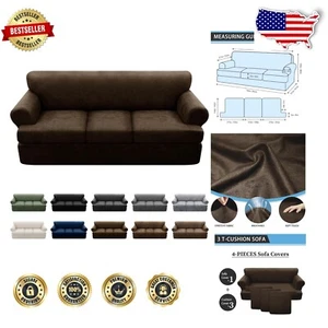 Washable Coffee T-Couch Cover with Elastic Fit for 3 Cushion Sofas - 4 Pieces - Picture 1 of 9