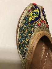 Khussa Shoes Size 7 Punjabi Jutti Mojari Women Indian Flats Golden W/Beads/Gem