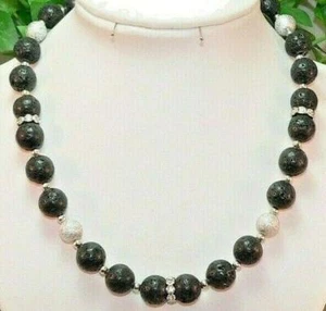 Halskette Kette Perlen Kugel Lava schwarz Strass silber Eyecatcher 214b-r - Bild 1 von 2