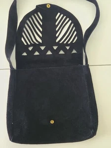 Vintage Black Suede Purse Shoulder Bag Satchel Fold Over Cut Outs Boho 70s-80s - Picture 1 of 6