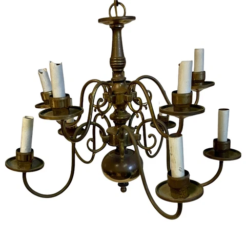 Vintage 1960s Colonial Williamsburg Style 10 Light Brass Chandelier 20”d Cover