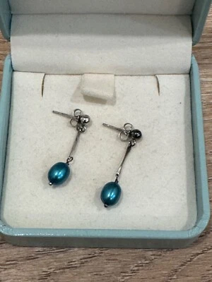 IMPRESIONANTES PENDIENTES COLGANTES DE PLATA ESTERLINA HONORA PERLAS AZUL PAVO REAL  Foto 1 de 2