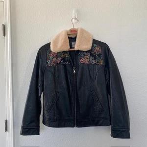 Chico's 2 schwarze Bomberjacke Blumen Nadelspitzeneinsätze Kunstleder/Fell Damen L - Bild 1 von 15