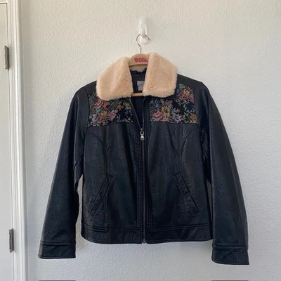 Chico's 2 Black Bomber Jacket Floral Needlepoint Panels Faux Leather/Fur Women L - Image 1 of 4
