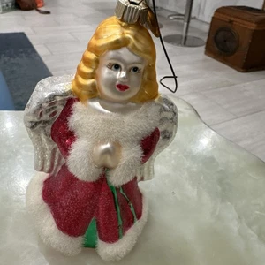 Christopher Radko Christmas Ornament Blonde Angel In Red Robe Mica Trim 2009 - Picture 1 of 9