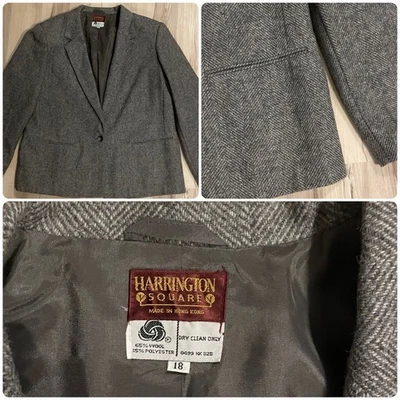 Vintage Harrington Square Wool Blend Blazer Women’s Size 18 Gray Herringbone - Image 1 of 4