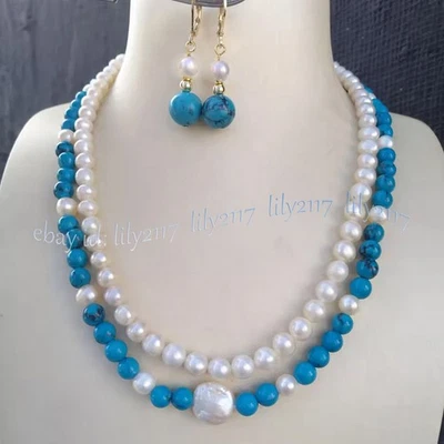 Conjunto de Brinco Colar Turquesa 2 Linhas 8-9mm Natural Redondo Branco Mar do Sul Pérola - Imagem 1 de 4