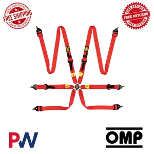OMP Racing Safety Harness  6 Point First 2 In Red (Fia 8853-2016) Pull Up Steel - Foto 1 di 2