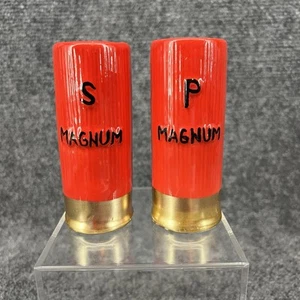 Vintage Red Magnum Shotgun Shell Shaped Ceramic Salt & Pepper Shakers - Picture 1 of 10
