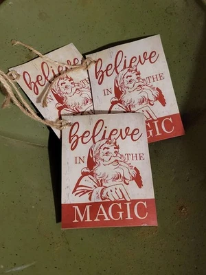 6 Primitive Christmas Santa magic Gift Hangtags Handcut Handpunched & Sealed - Image 1 of 3