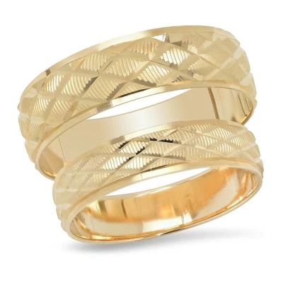 14K Yellow Gold His Hers Wedding Ring Band Diamond Shape Unisex Mens Womens 2 PC - Image 1 of 4