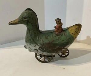 Antique Girl Duck Pressed Steel Dayton Tin Pull Toy Flywheel Hill Climber 1910 - Picture 1 of 19