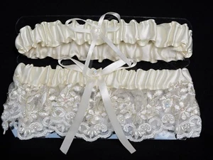 White / Off-White Wedding His & Hers Garter Set - Embroidery Pearls Lace Sequins - Picture 1 of 3