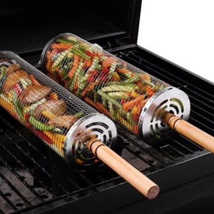 Stainless Steel Grill Baskets for Outdoor, Rolling with Removable Handle &Stand - Picture 1 of 14