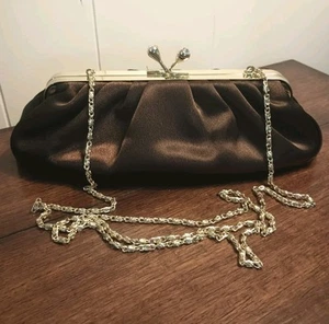 Vtg Jessica McClintock Evening Bag Framed Kiss Lock Bronze Satin Gold Tone Chain - Picture 1 of 9