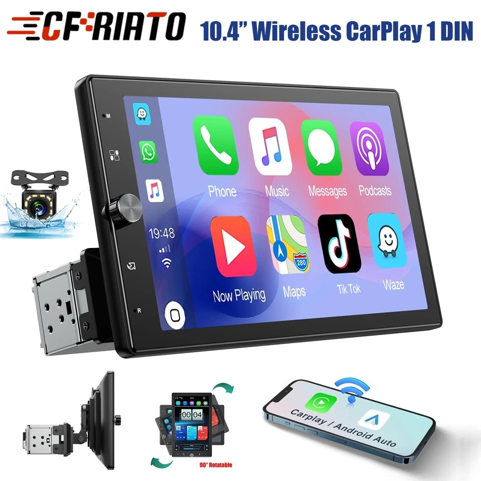 CFRIATO 10.4" Car Stereo Radio Rotatable Single 1DIN Wireless Apple CarPlay Android Auto