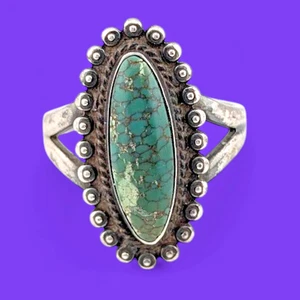 Vtg 8 NAVAJO STERLING SILVER & TURQUOISE RING long oval marquise southwestern B4 - Picture 1 of 8