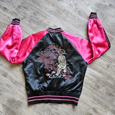 Roca Wear Sukajan Vintage Y2K Bomber Jacket Tiger Black Pink Zip Size M FLAWS - Image 1 of 4