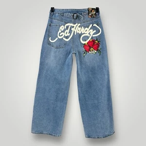 NEW Ed Hardy Loose Fit Buckle Back Denim Jeans Womans 30 Embroidered Wide Leg - Picture 1 of 10
